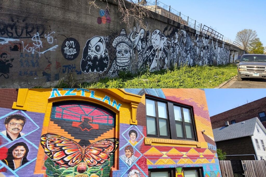 Colorful Mexican mural on a building in Pilsen neighborhood