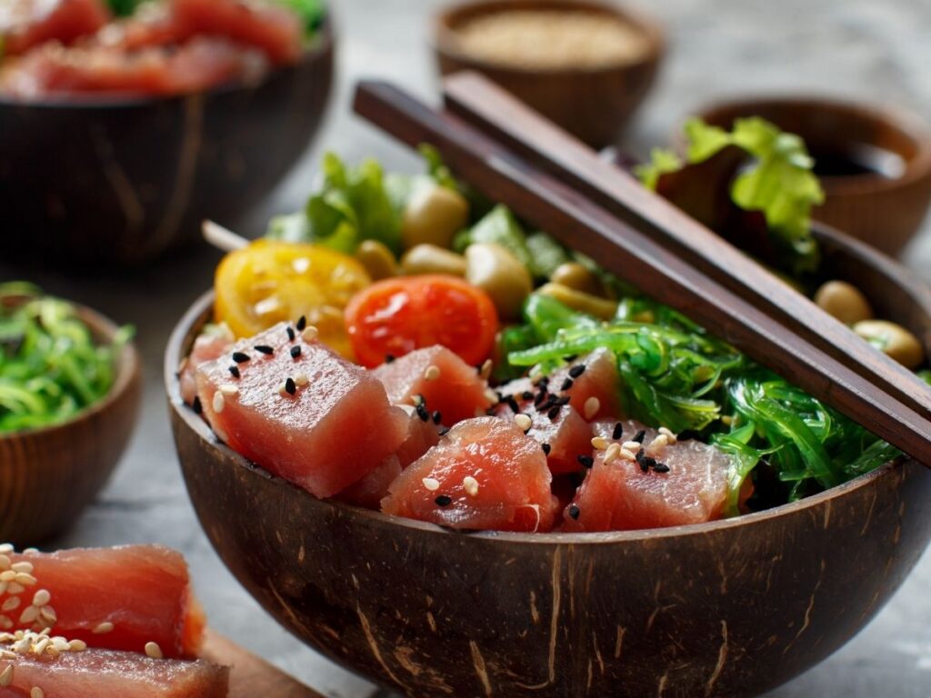 Fresh Hawaiian ahi poke bowl served in Kakaako, Honolulu
