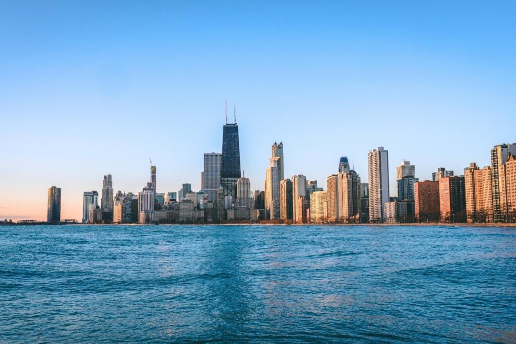 Chicago skyline view from Promontory Point along the lakefront