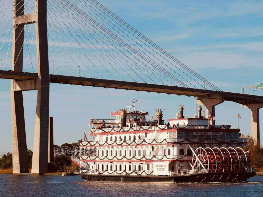 Large ships passing along the Savannah River viewed from River Street