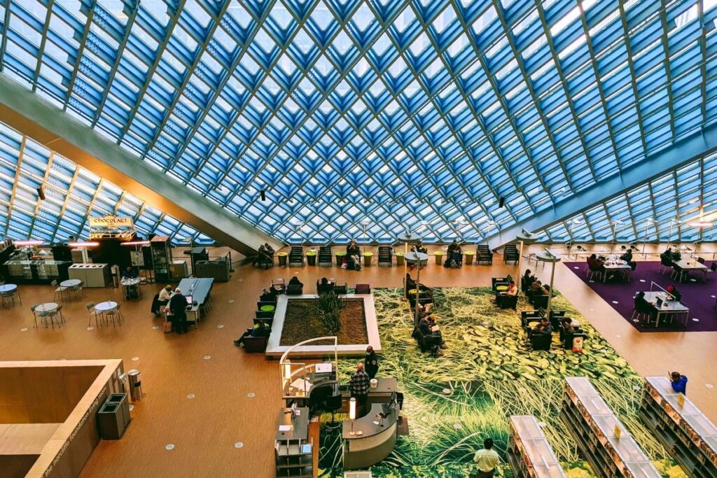 Interior of the futuristic Seattle Public Library Central Branch