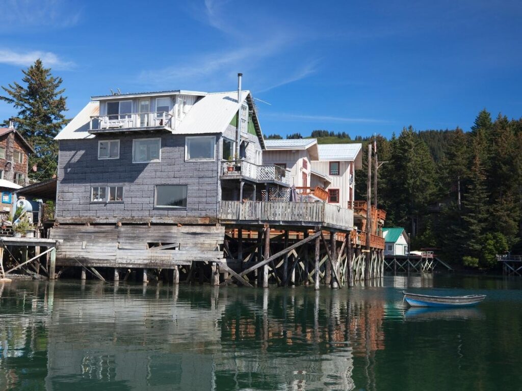 Boardwalk and buildings in Seldovia, Alaska on a calm day