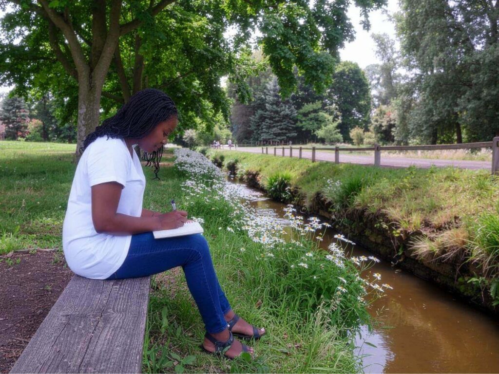 Bench along Gore Creek in Vail with surrounding greenery