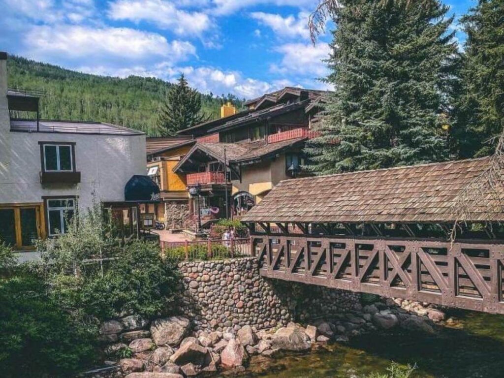 Quiet morning in Vail Village with empty walkways