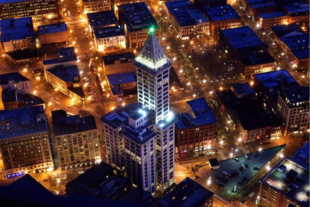 View from the Smith Tower Observatory Deck over downtown Seattle
