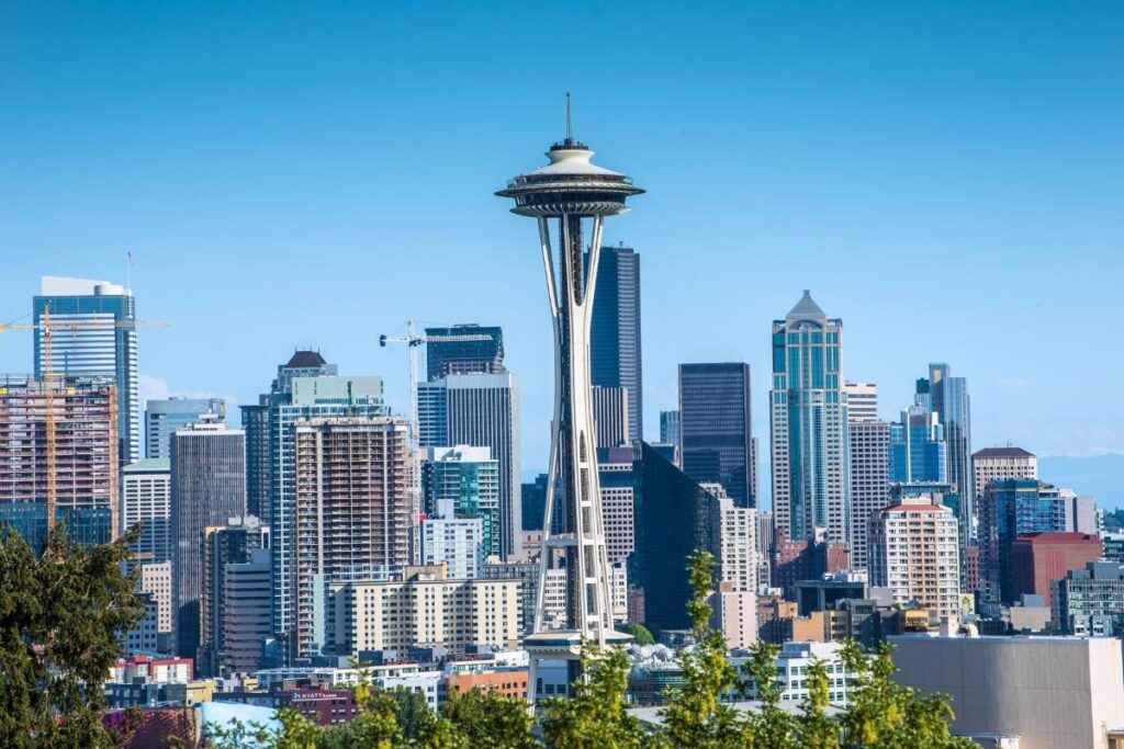 Space Needle on a sunny day with blue skies in Seattle
