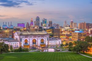 Downtown Kansas City skyline at sunset