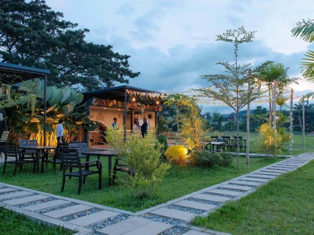 Evening patio seating in Vail with mountain views