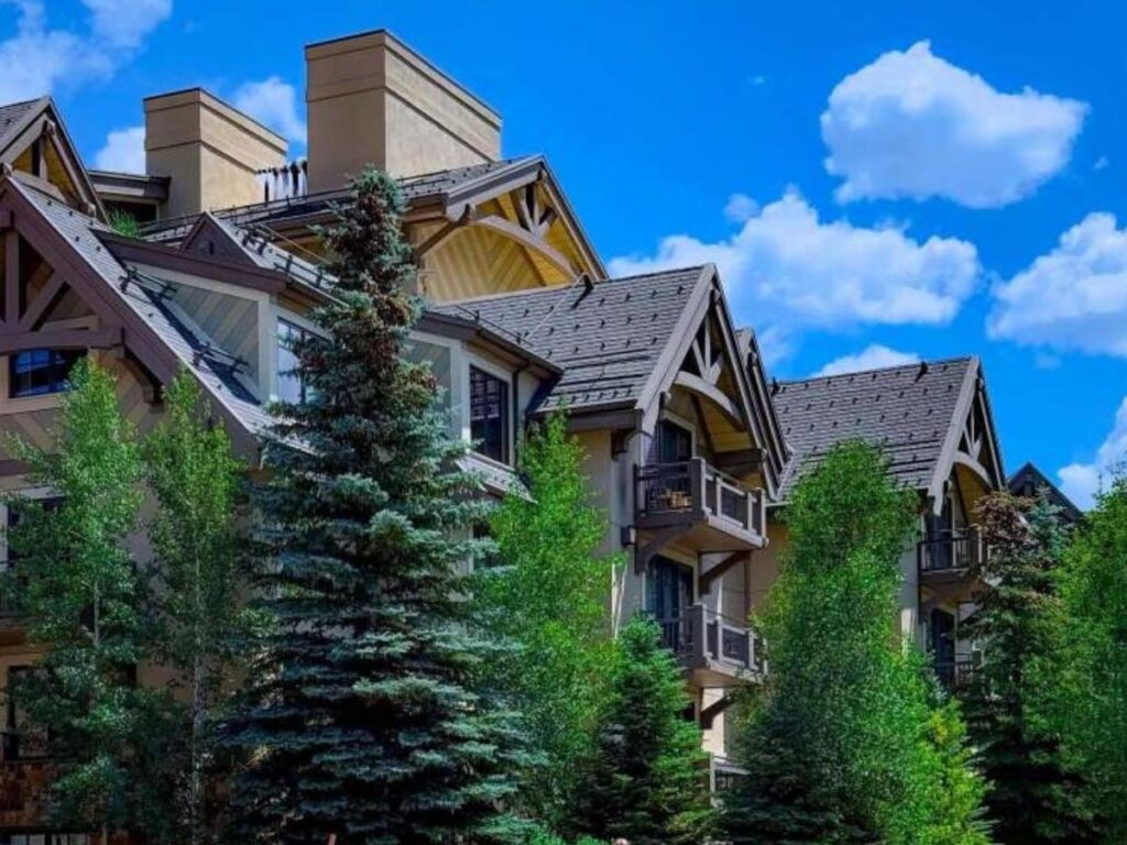 Pedestrian walkway in Vail Village with alpine-style buildings