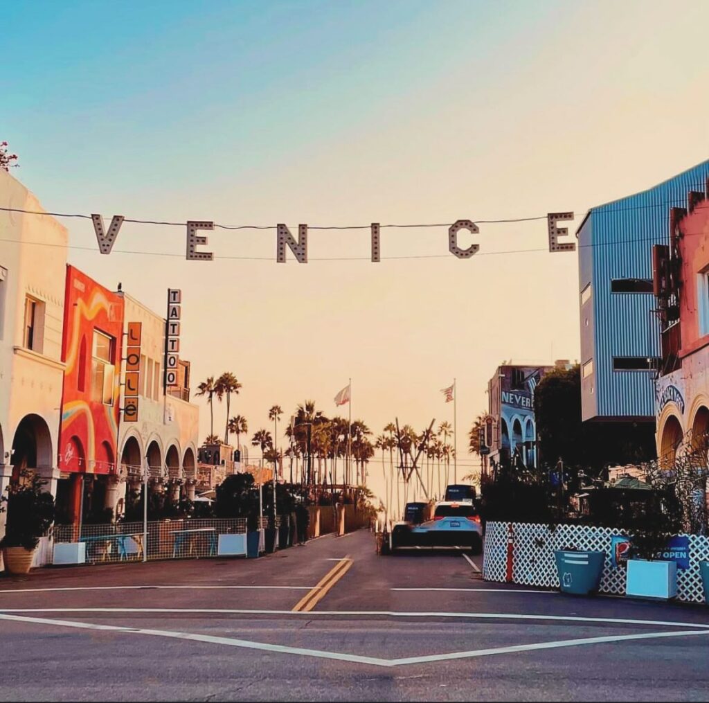 Venice Beach boardwalk and palm trees