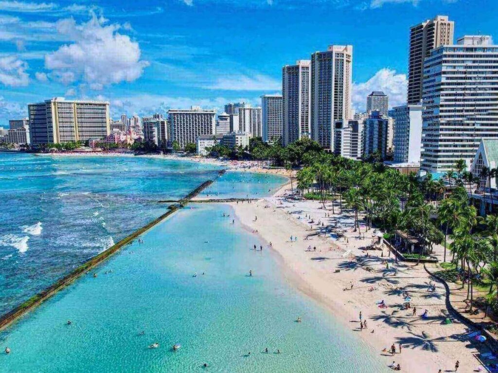 Waikiki skyline and beachfront hotels in Honolulu, Oahu