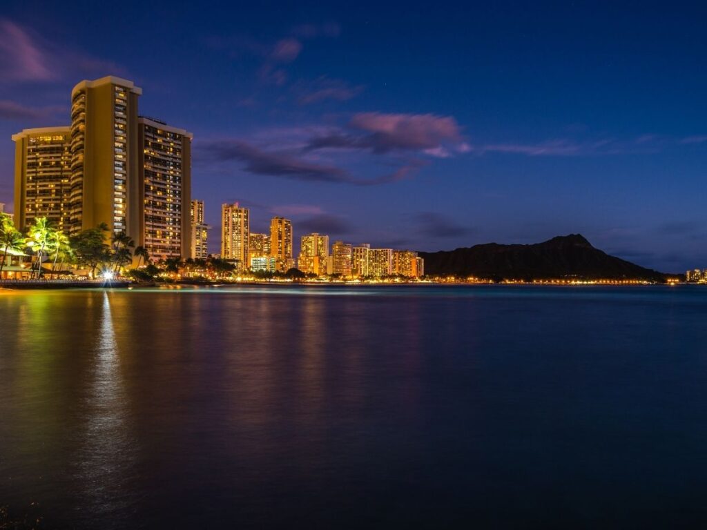 Sunset over Waikiki Beach with Diamond Head in the background