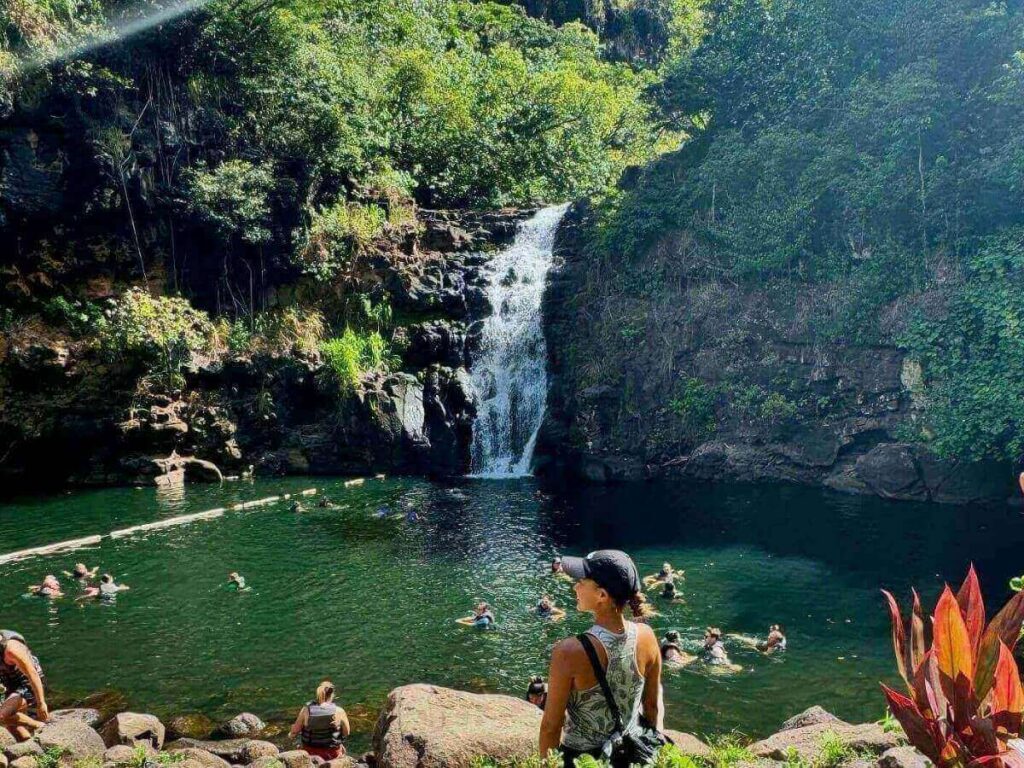 Family walking on paved path toward Waimea Falls in Oahu