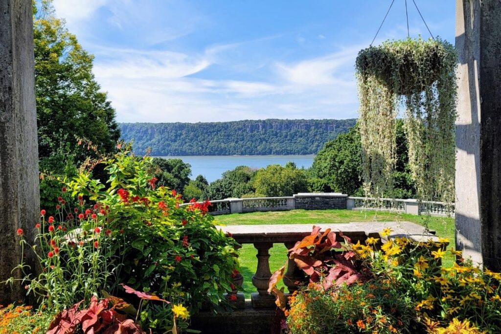 Terraced garden with view of Hudson River at Wave Hill