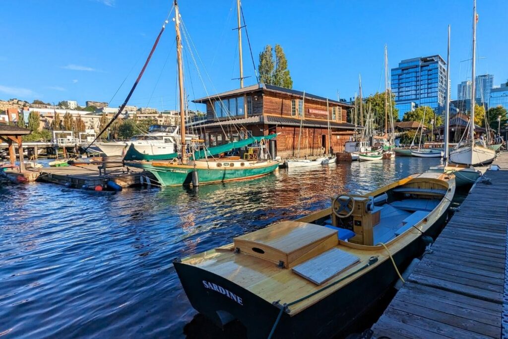Vintage wooden boats docked at the Center for Wooden Boats on Lake Union