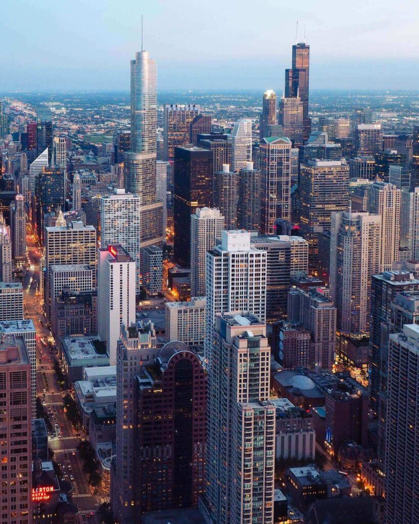 View of the Chicago skyline and Lake Michigan from 360 Chicago Observation Deck