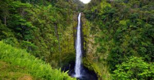 Akaka Falls cascading through lush green cliffs on the Big Island, Hawaii