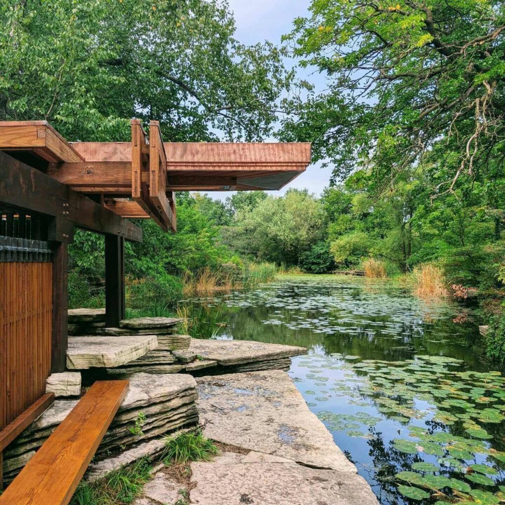 Peaceful walking path around Alfred Caldwell Lily Pool in Lincoln Park