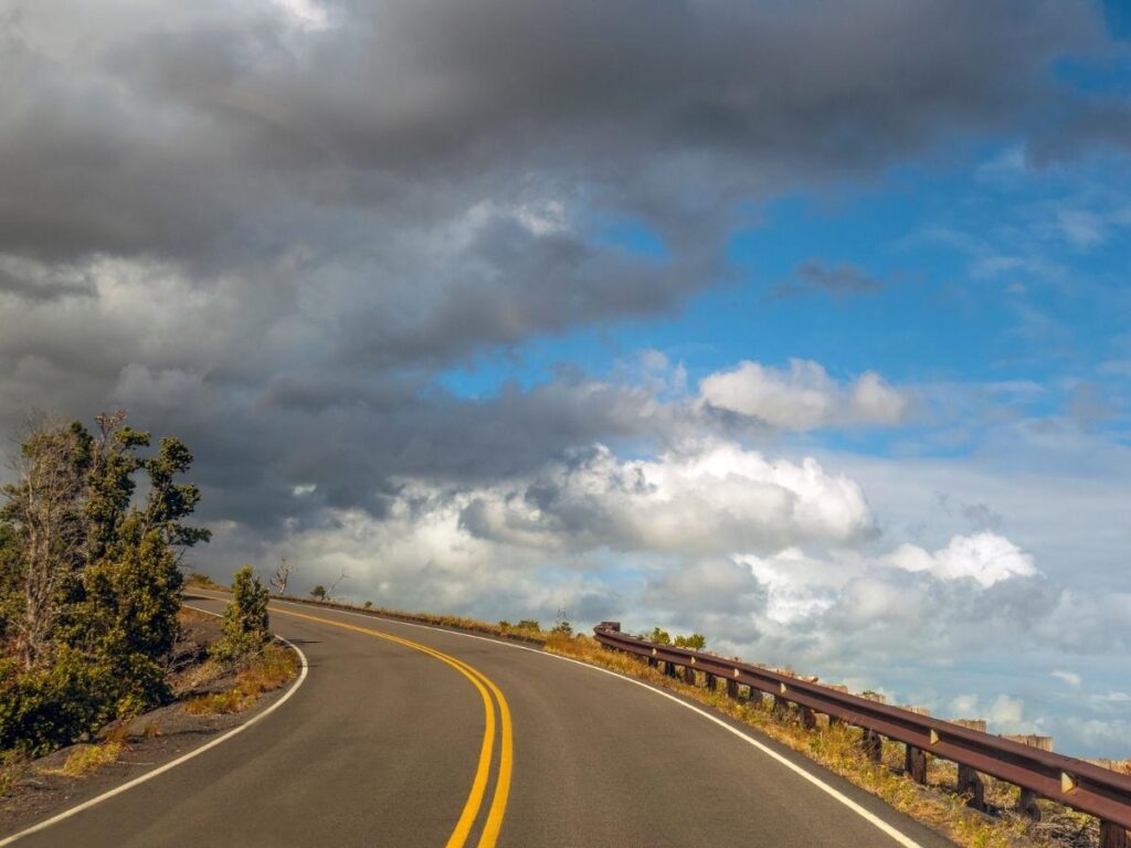 Scenic drive along Chain of Craters Road leading to the ocean