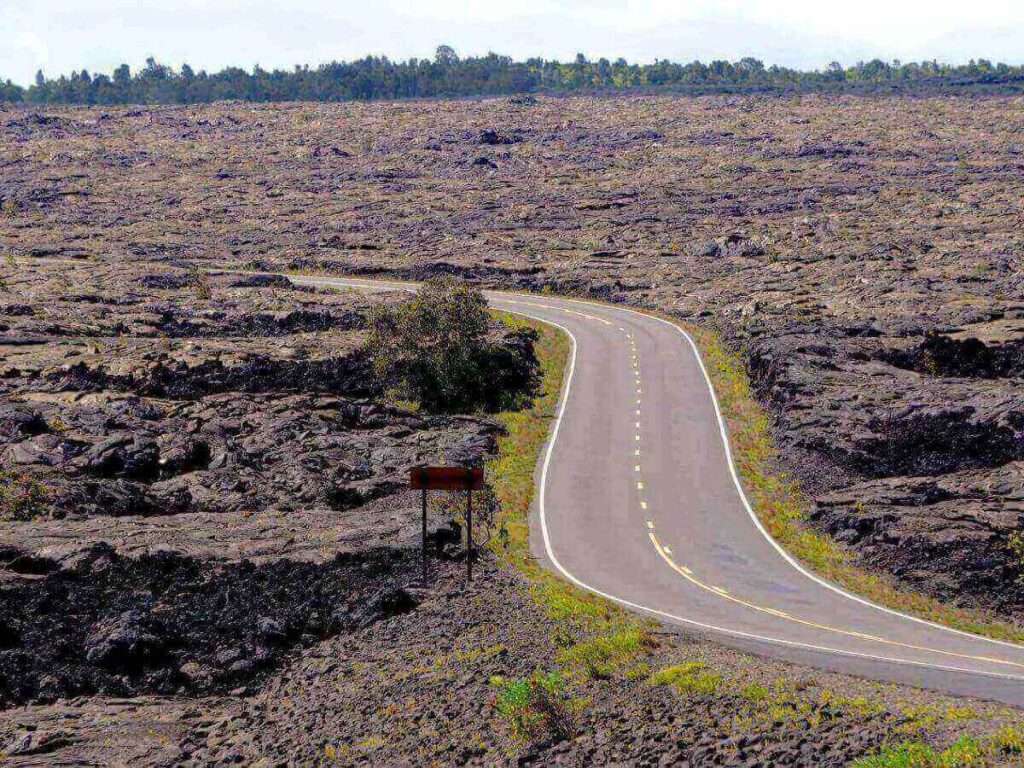 Chain of Craters Road passing through lava fields in Hawaii Volcanoes National Park