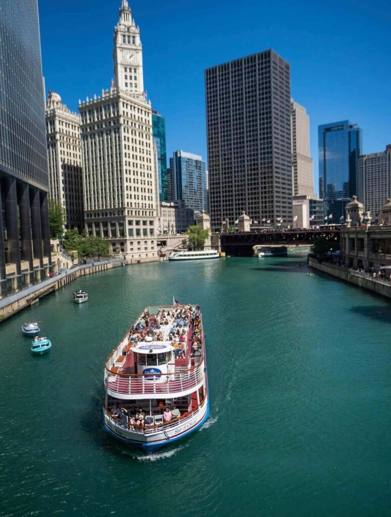 Chicago architecture river cruise traveling through downtown skyscrapers