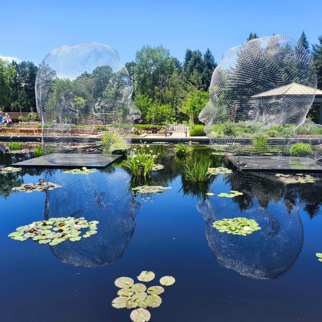 Japanese Garden at the Chicago Botanic Garden with stone lanterns and a peaceful pond