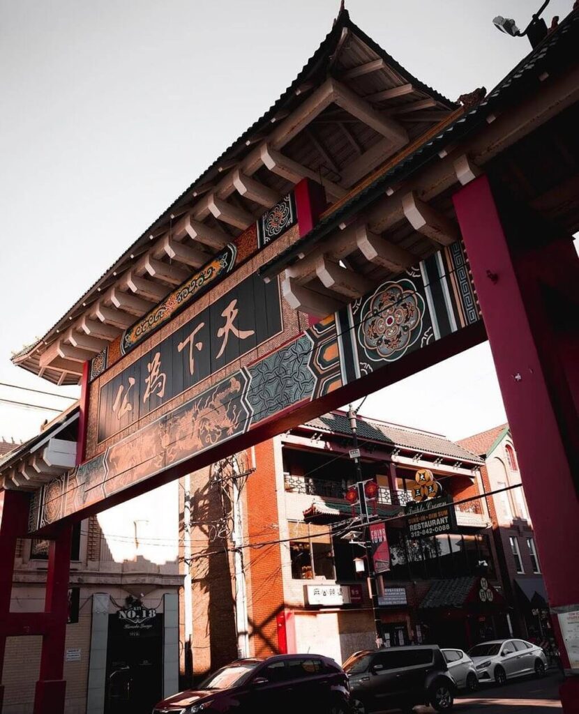 Traditional Chinatown gate in Chicago with red and gold details