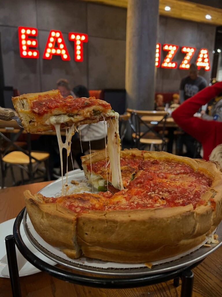 Traditional Chicago deep-dish pizza served at a local restaurant