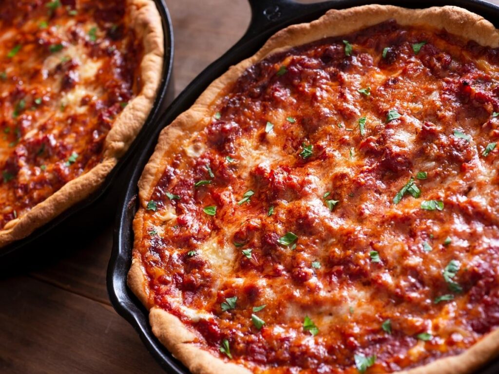 Traditional Chicago deep-dish pizza served in a local restaurant