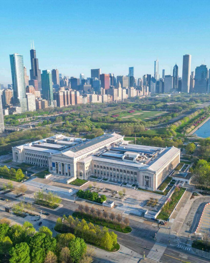 Aerial view of Chicago Museum Campus beside Lake Michigan