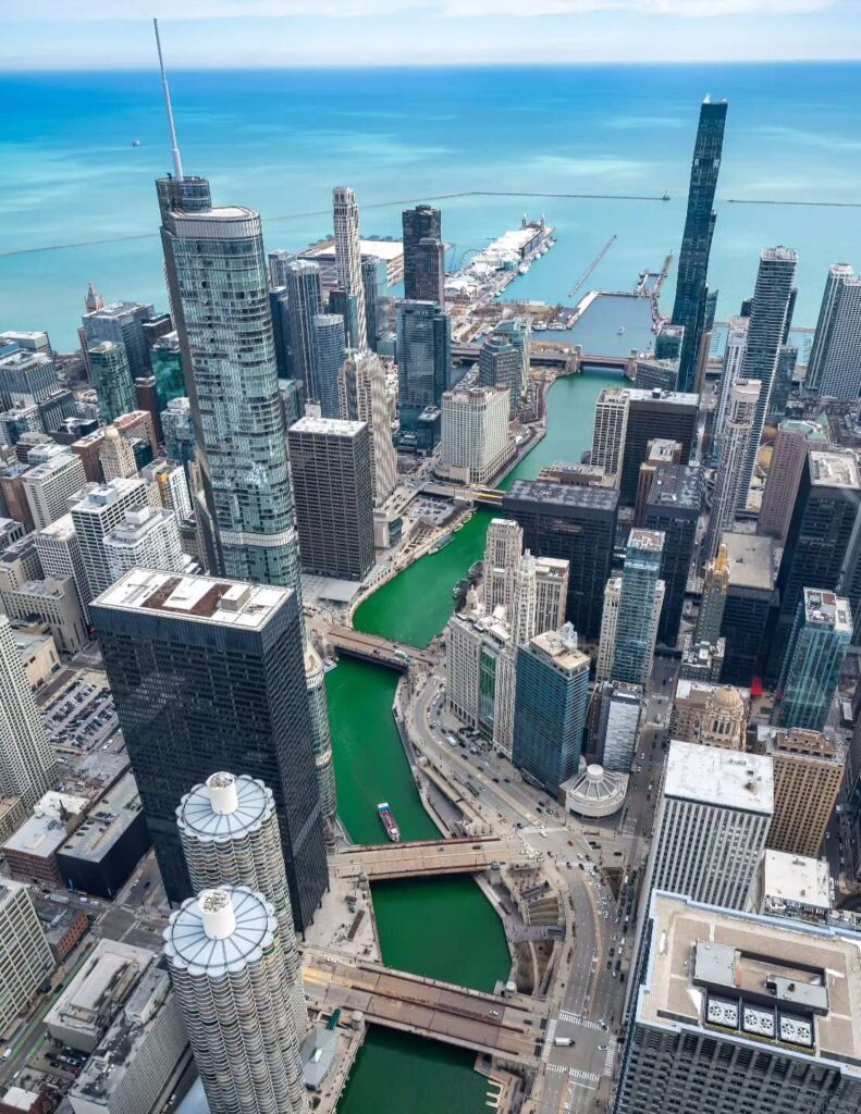 Chicago Riverwalk with downtown skyline on a sunny day