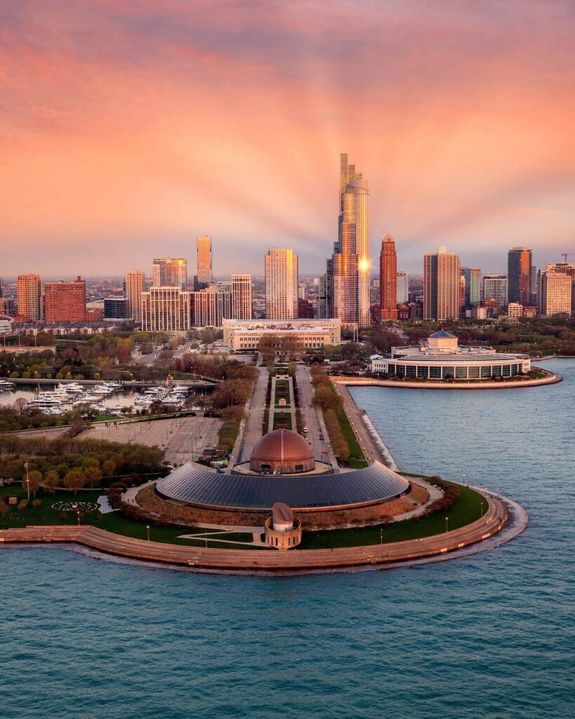 Chicago skyline view from Adler Planetarium on a clear day