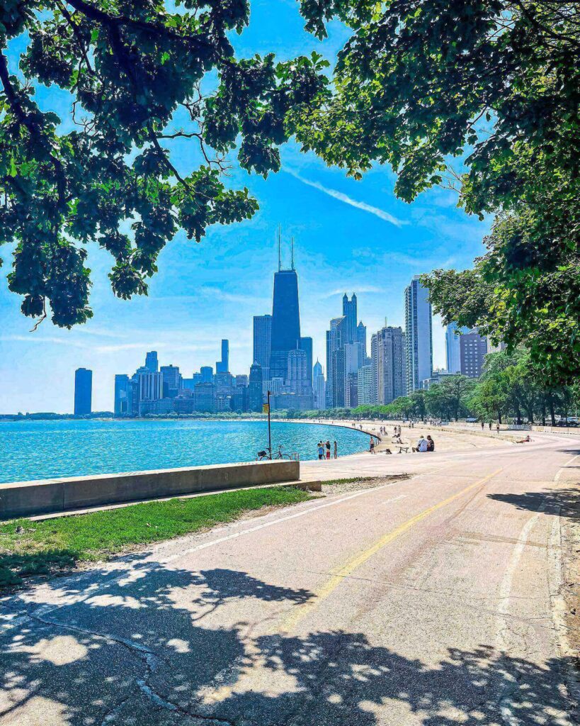 People enjoying Chicago's Lake Michigan waterfront during summer