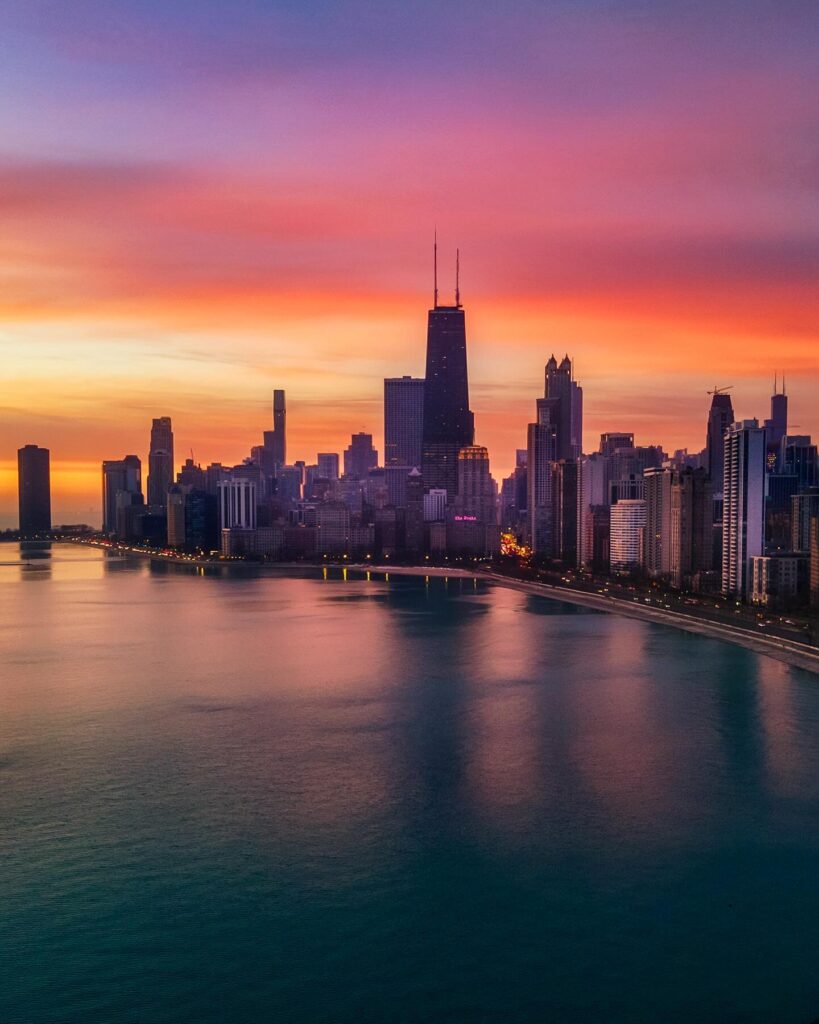 Chicago skyline at sunset viewed from Lake Michigan