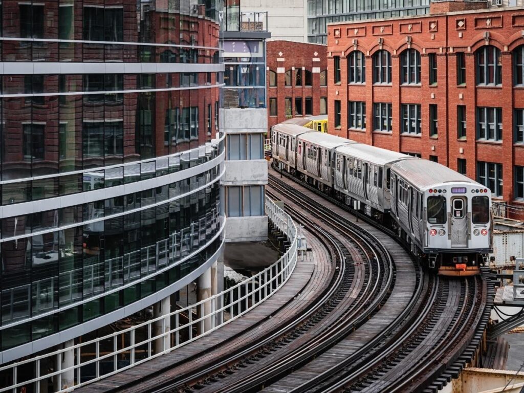 Chicago CTA train traveling through downtown near the Loop