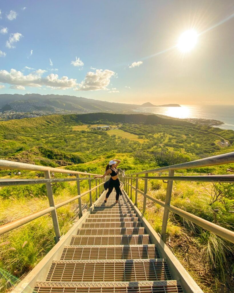 Panoramic view of Honolulu and the Pacific Ocean from the top of Diamond Head Crater