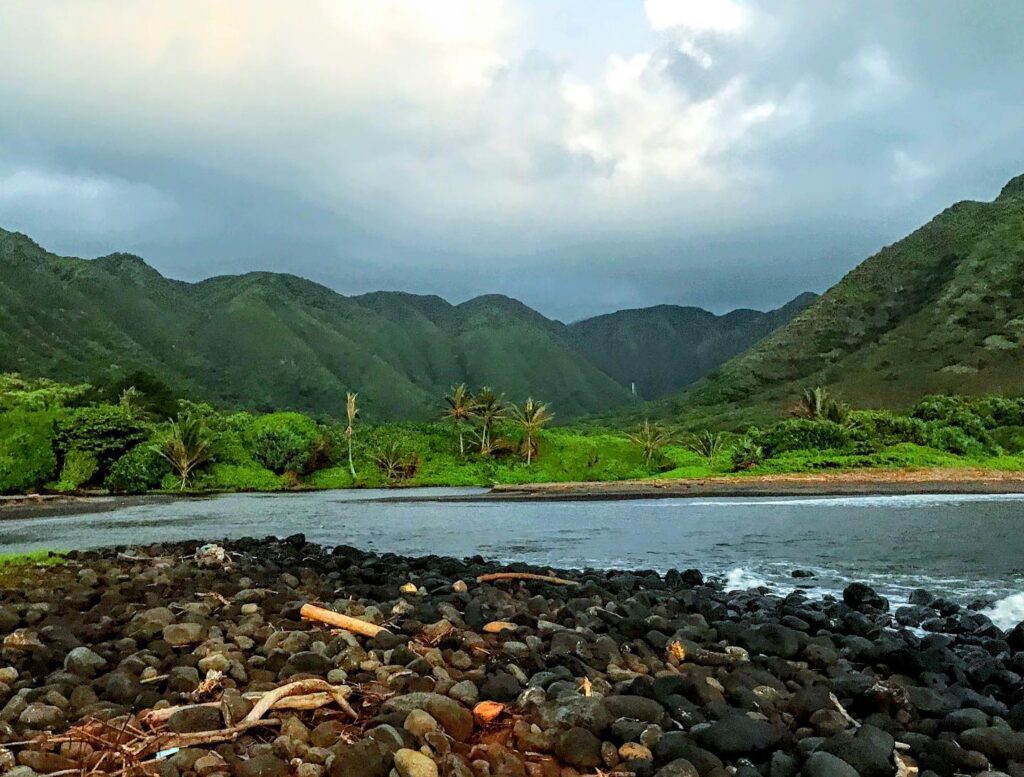 Halawa Beach Park surrounded by lush mountains on Molokai's east coast