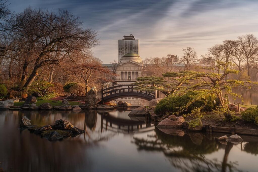 Japanese bridge and pond in the Garden of the Phoenix in Jackson Park