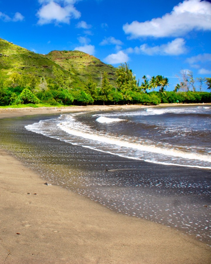 Halawa Beach Park with coconut palms, golden sand, and lush mountains on Molokai