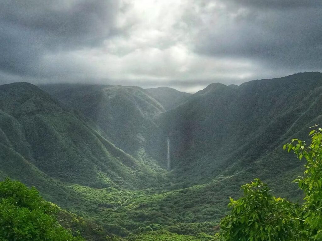 Lush green cliffs and valley landscape in Halawa Valley on Molokai