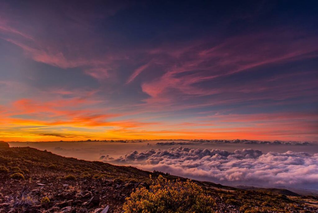 Sunset painting the Haleakalā crater red with fading light