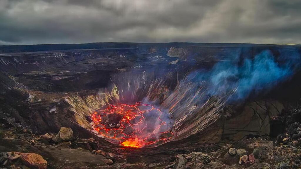 Steam rising from Halemaʻumaʻu Crater at Hawaii Volcanoes National Park