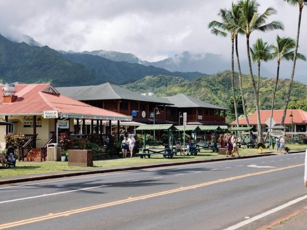 Local shops and restaurants in Hanalei town Kauai