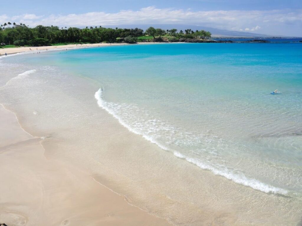 Wide white sand shoreline at Hapuna Beach on the Big Island of Hawaii