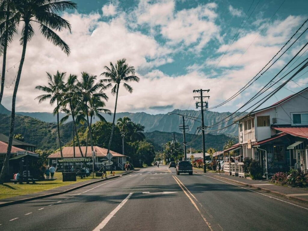 Sunset over a small coastal town in Hawaii