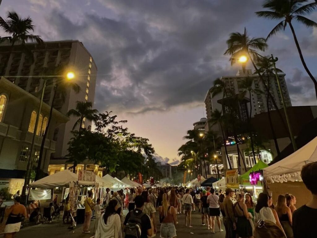 Quiet small town street in Hawaii at sunset