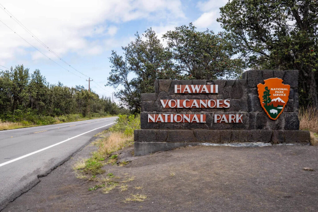 Entrance sign at Hawaii Volcanoes National Park on the Big Island
