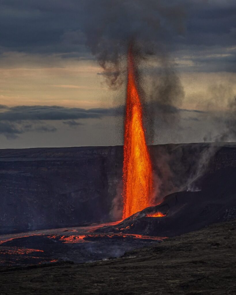 Aerial view of volcanic landscape and lava fields in Hawaiʻi Volcanoes National Park