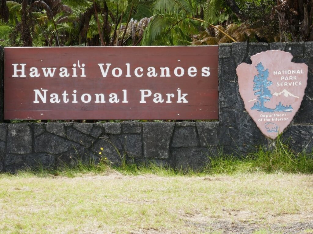 Entrance sign at Hawaii Volcanoes National Park on the Big Island