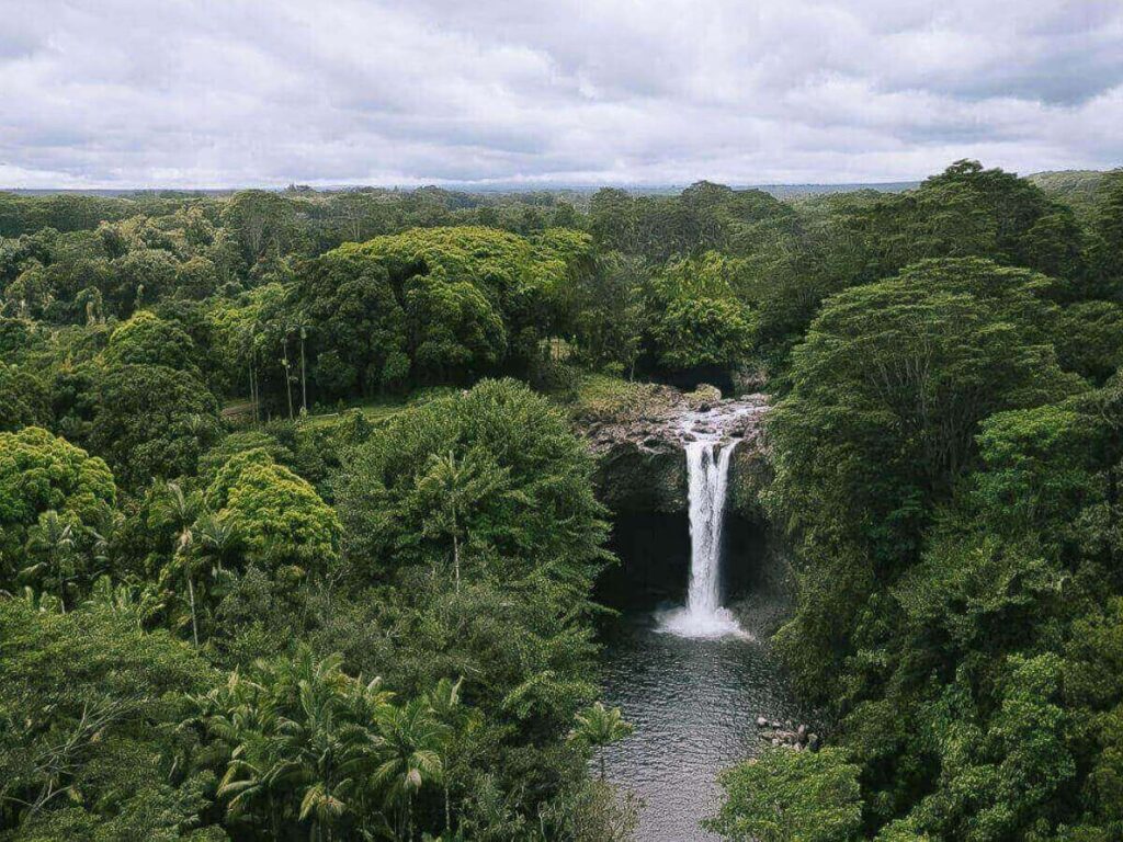 Misty rainy morning in Hilo Hawaii with lush green hills